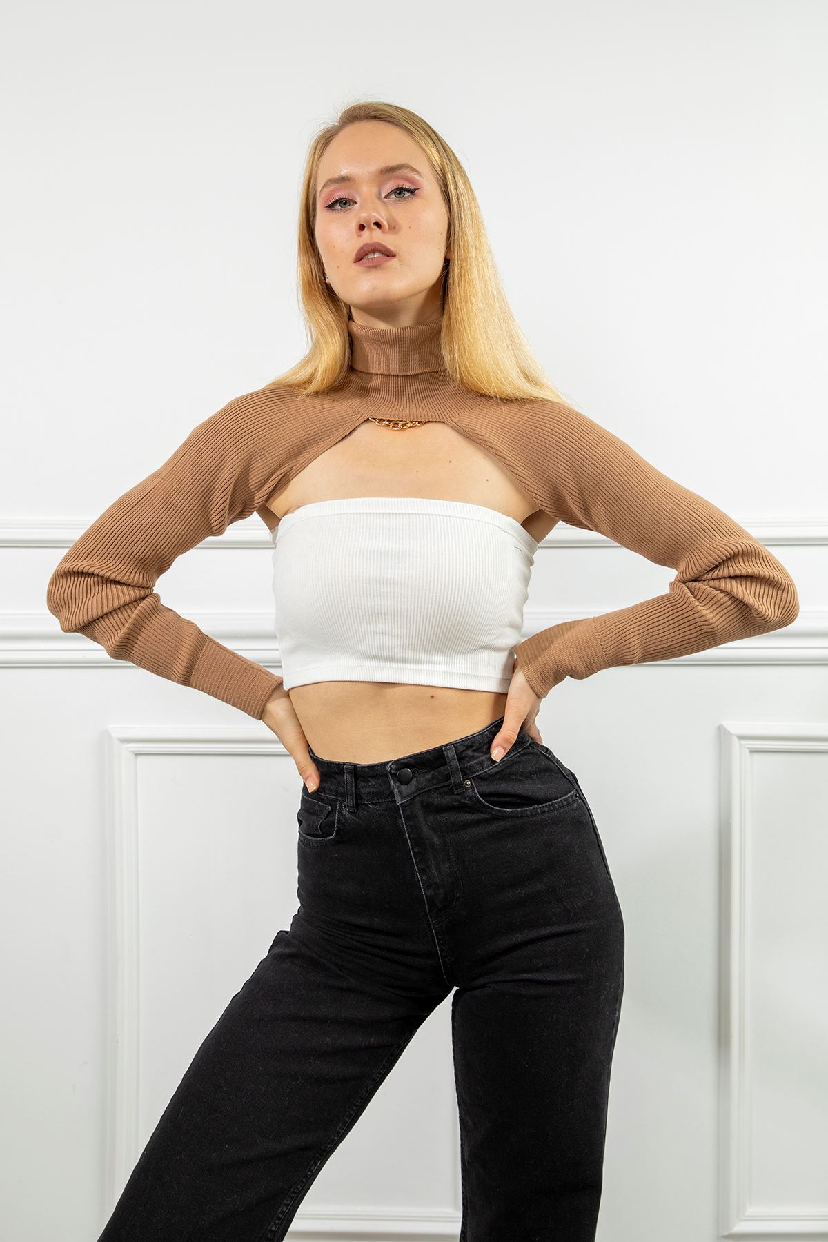 Knitwear Fabric Long Sleeves Throat Collar Bolero-Camel