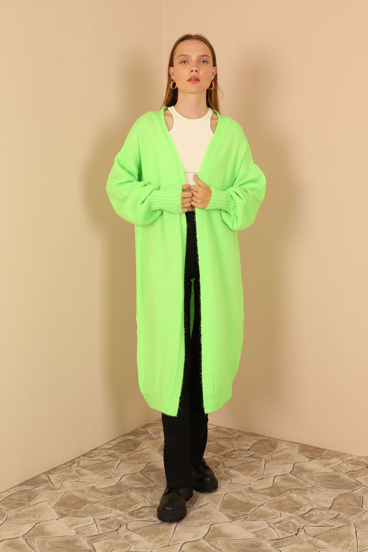 Knit Fabric Shawl Collar Long Women Hırka-Neon Green