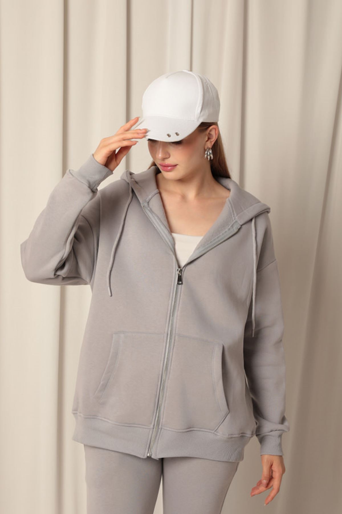 Three Yarn Kanguru Pocket Zipper Hooded Female Dark Grey Sweat