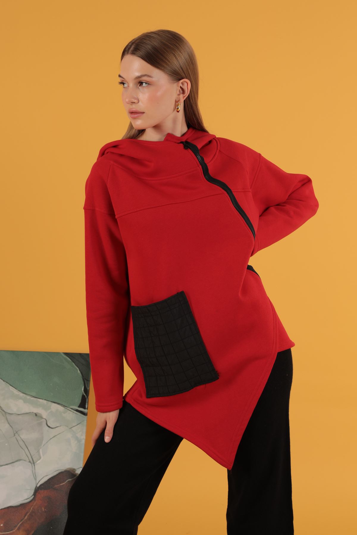 Three Yarn Knitting Fabric Asymmetric Zipper Women Hırka-Red