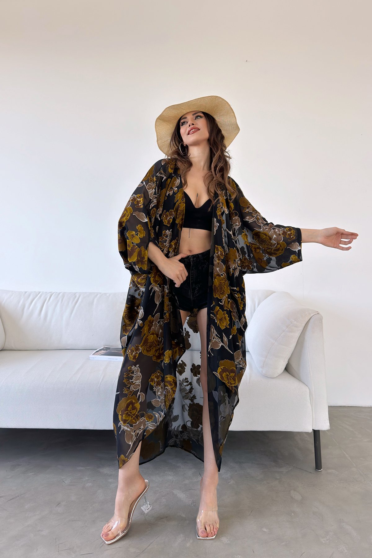 Floral Patterned Chiffon Long Kimono