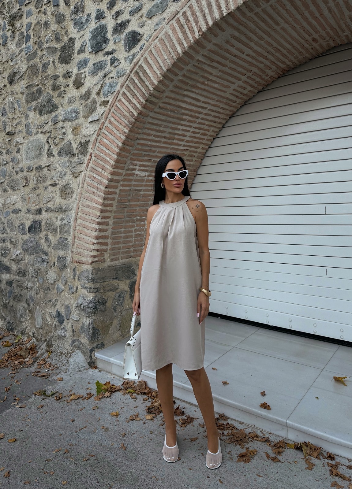 Halter Yaka Dokuma Midi Elbise