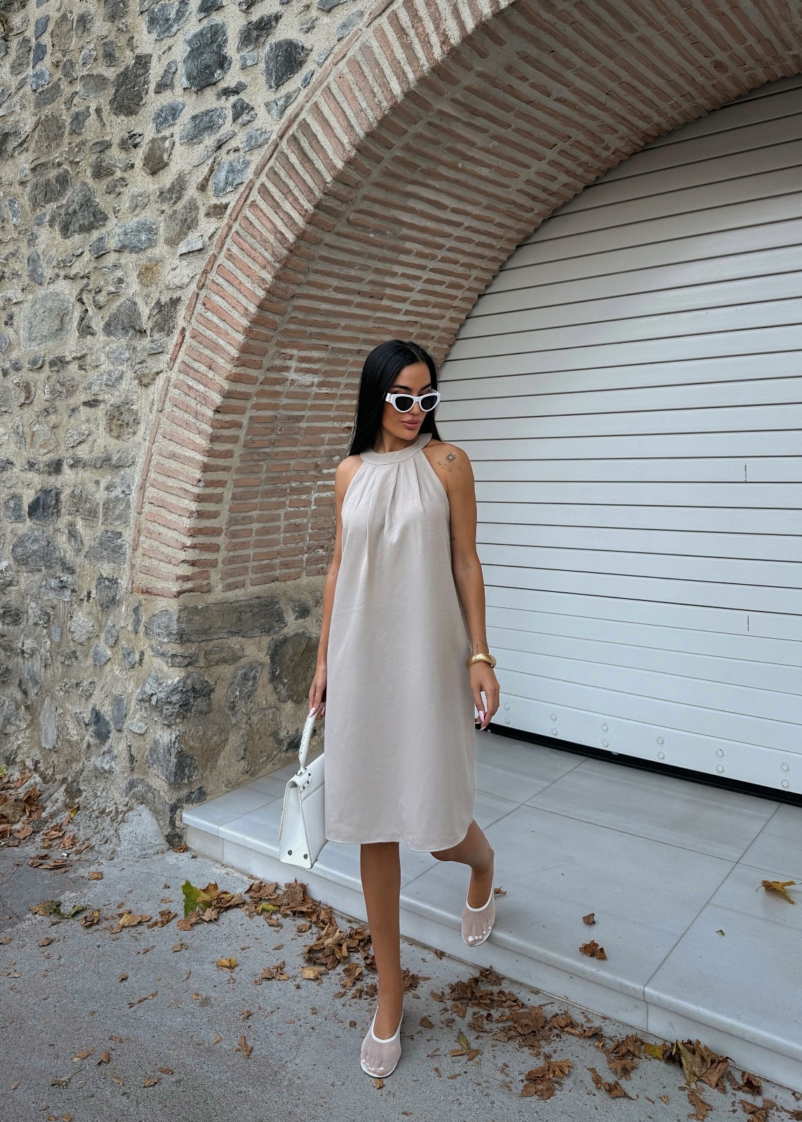 Halter Yaka Dokuma Midi Elbise