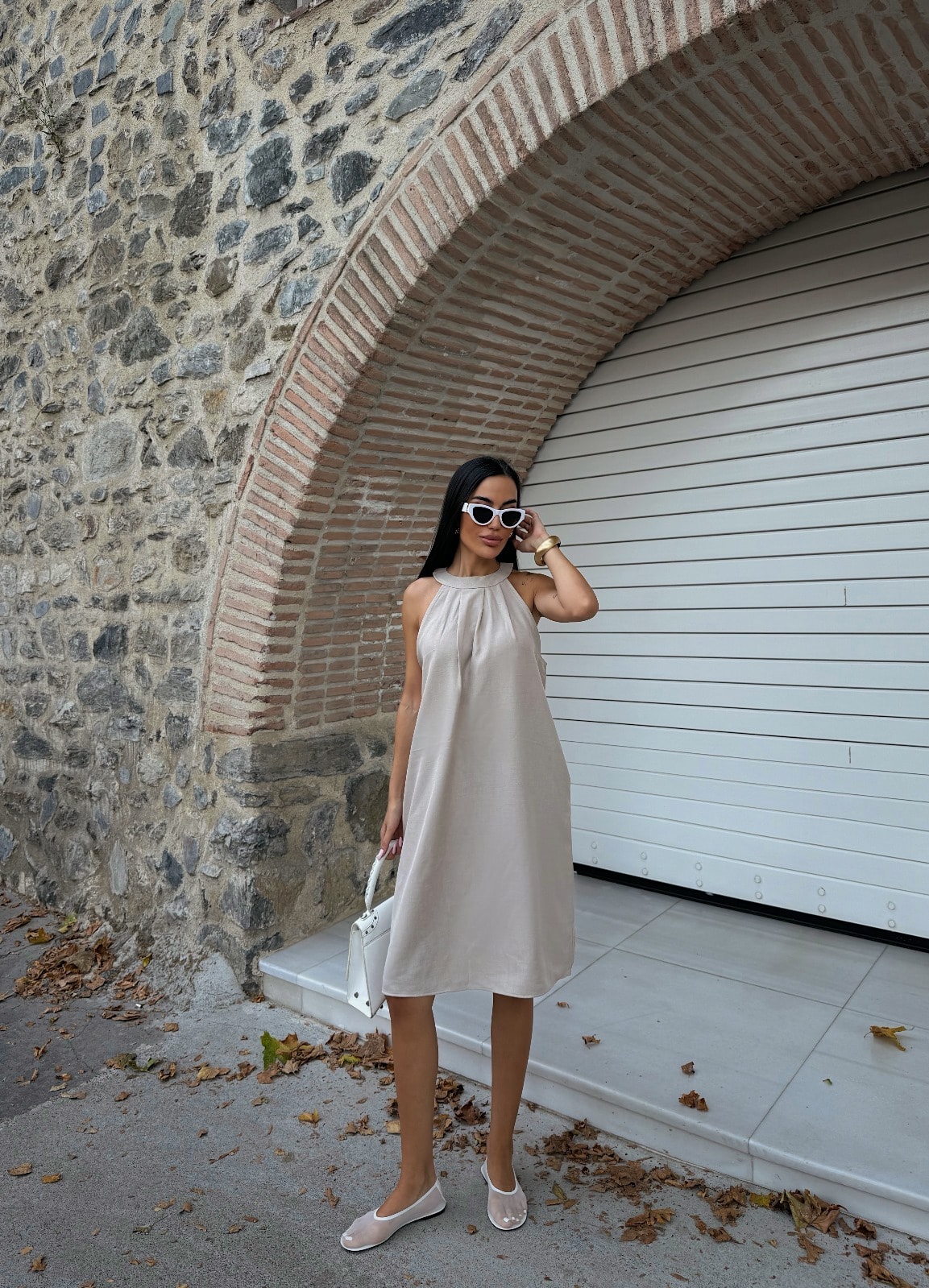 Halter Yaka Dokuma Midi Elbise