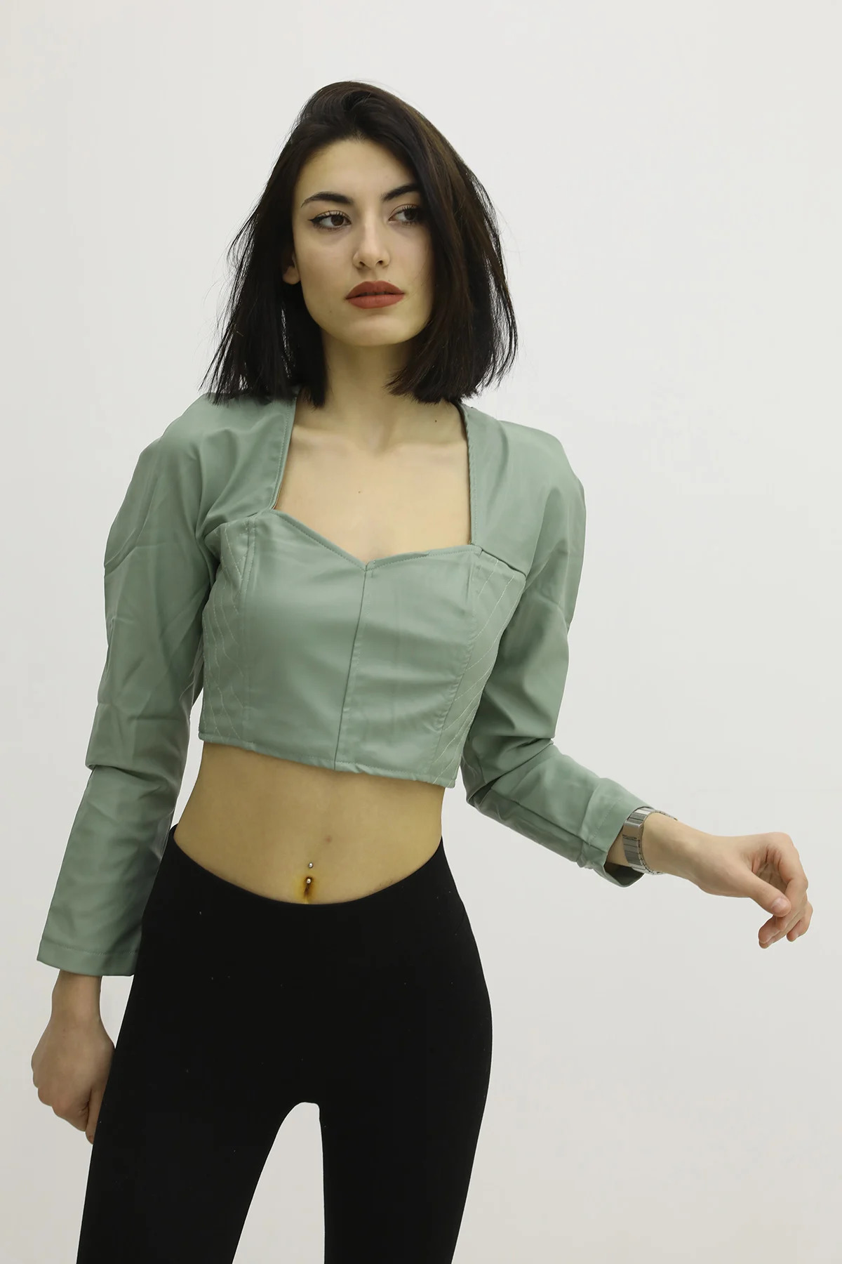 Back Rubbered Spout Leather Blouse Green - P-019690